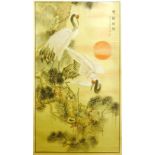 A Japanese silk work scroll hand painted with cranes in a traditional landscape with original box