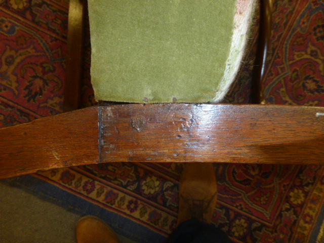 A George III mahogany and upholstered open armchair on square straight legs joined by stretchers - Image 3 of 9