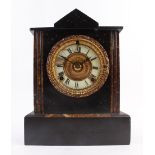 A late 19th century mantle clock, the enamelled dial with Roman numerals within a black slate and