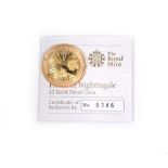 A Royal Mint 2010 Florence Nightingale £2 gold proof coin, limited edition 0146/1000,