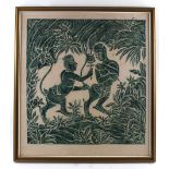 Three Thai stone rubbings, two depicting battle scenes, max 60 x 52.5 cm, framed and glazed