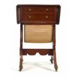 A 19th century mahogany sewing table, the drop leaf top over two fitted drawers and a basket on