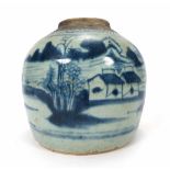 A 19th century ginger jar decorated with a blue fishing scene on a white ground, h. 16 cm