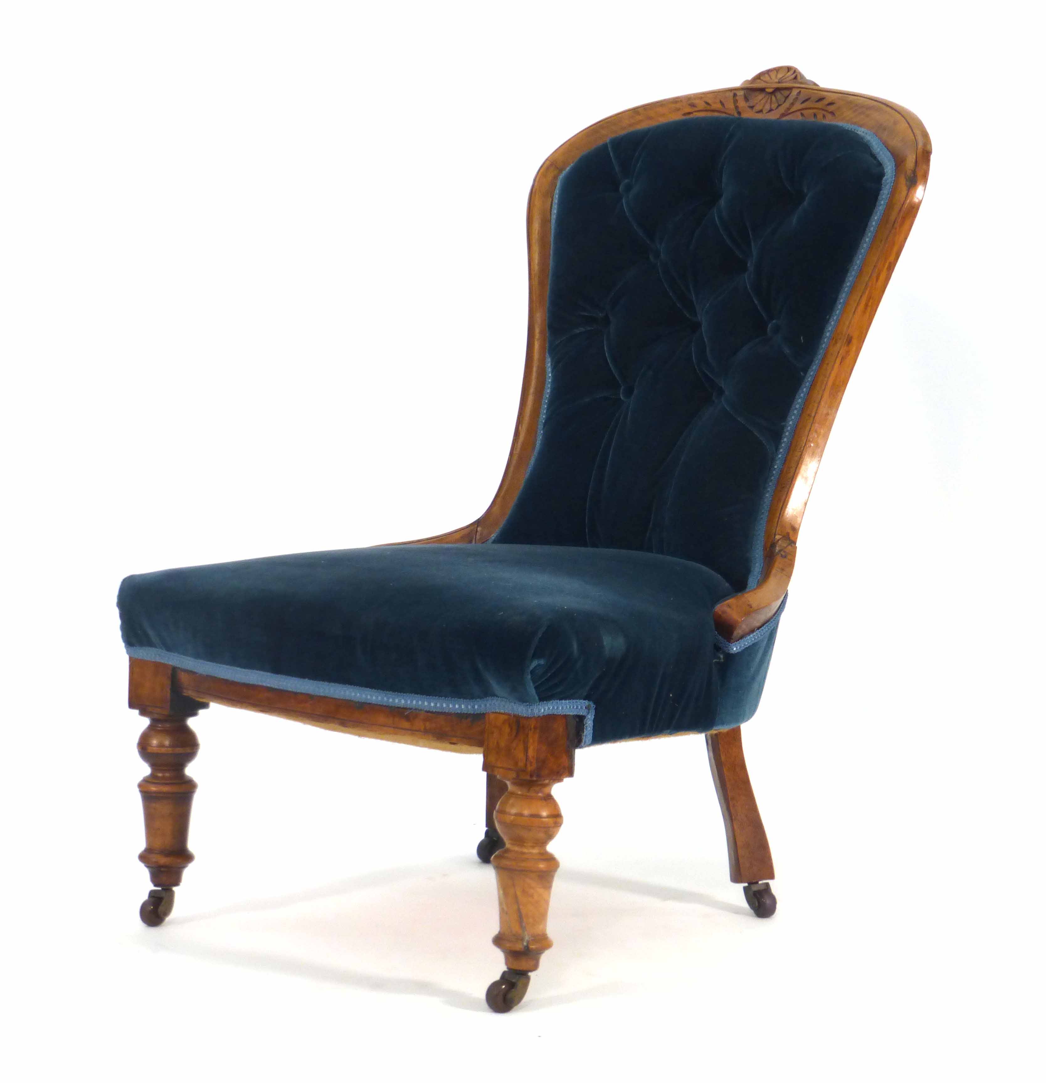 A late Victorian beech and button upholstered nursing chair on turned legs CONDITION REPORT: Wear