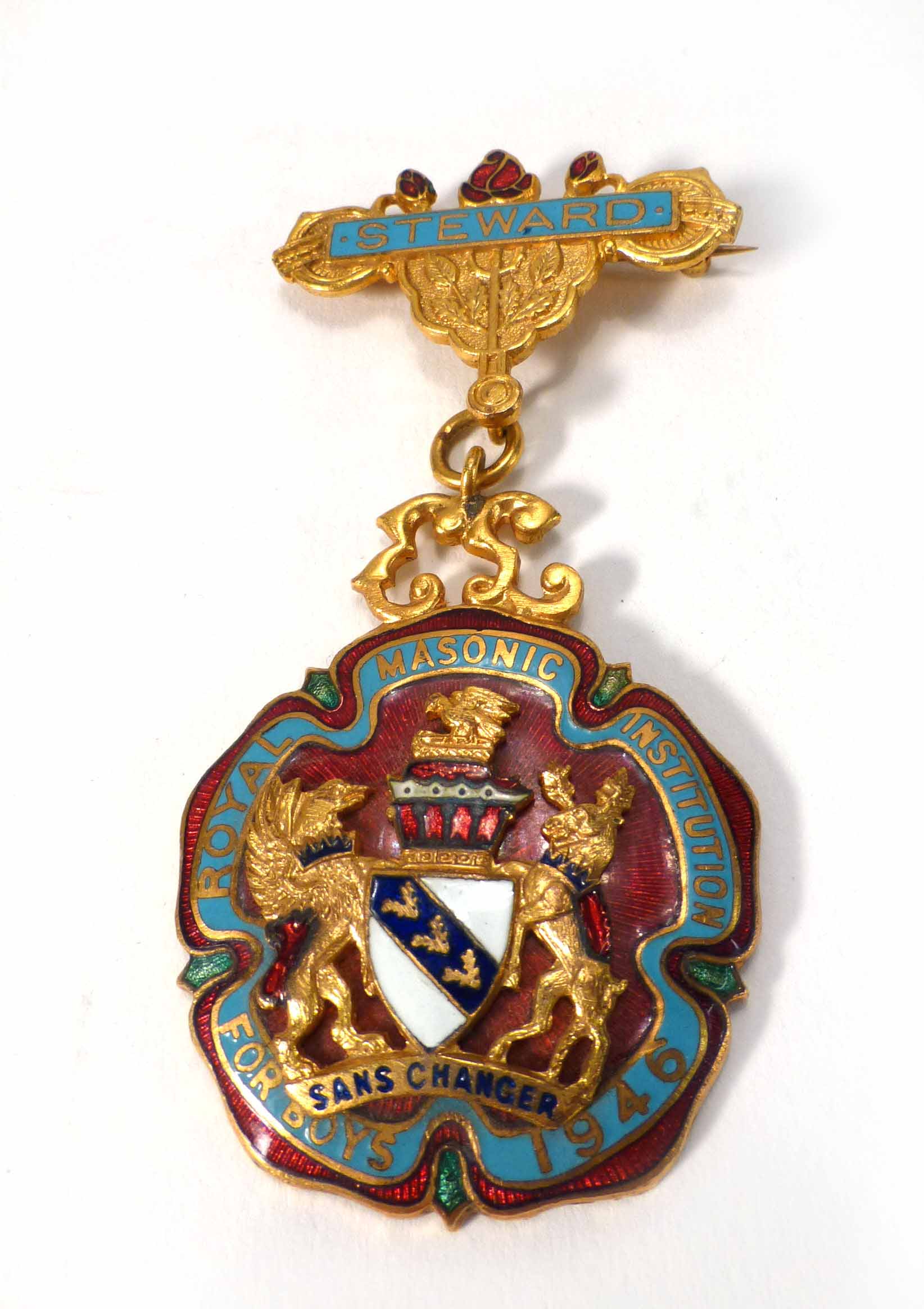 A 'Royal Masonic Institution for Boys' gilt metal and enameled Stewards jewel by George Kenning &