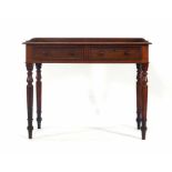 A Victorian mahogany writing table with two frieze drawers on turned legs, w. 91 cm CONDITION