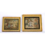 A pair of 19th century needlework pictures depicting Joseph and Mary's flight into Egypt and Jesus