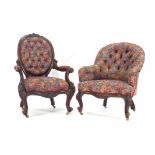 A Victorian mahogany and button upholstered armchair on scrolled feet together with a similar button