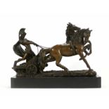 After Adrian Jones, a modern brown patinated bronze figure modeled as a Roman chariot group, h. 16