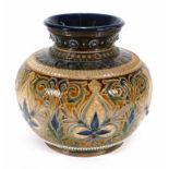 A Doulton Lambeth stoneware jardiniere of squat form relief decorated with blue and green flowers