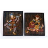 A pair of modern hand painted decorative panels depicting a Thai dancer and a Thai musician