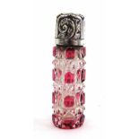 A Victorian ruby flash glass perfume bottle of tubular form with a silver detachable lid, Birmingham