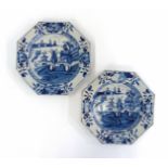 A pair of 19th century blue and white Chinese plates of octagonal form decorated with landscapes, d.