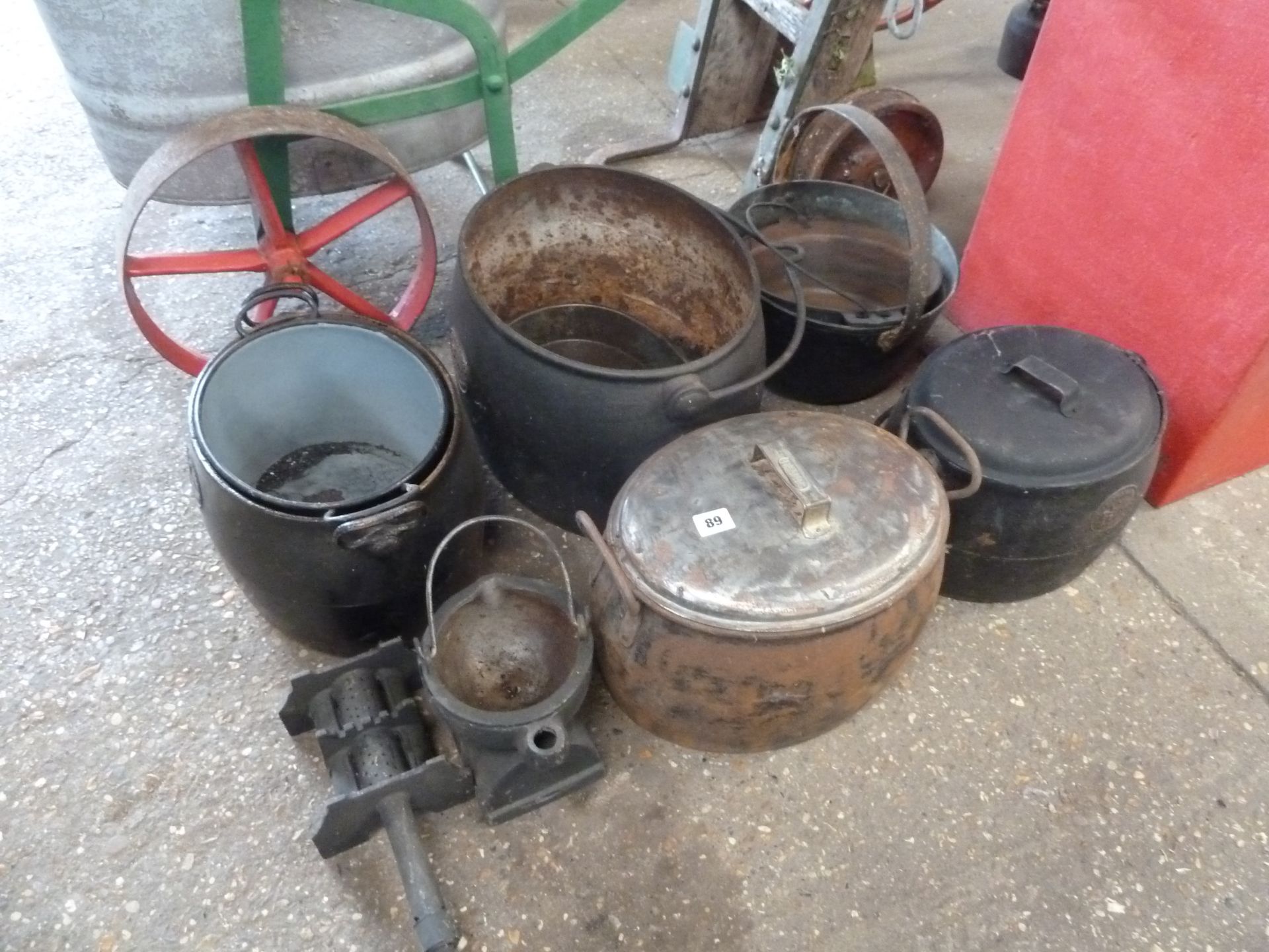 5 large metal oval containers/measures, 2 heavy buckets, smelter and grinder