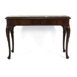A 19th century walnut side table, the rose marble surface on four cabriole legs, l. 127 cm