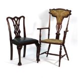 An Art Nouveau-style beech and part upholstered armchair on circular tapering legs, together with