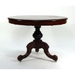 A Victorian mahogany tilt-top circular supper table on a turned support with three scrolled feet, d.