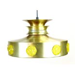 A 1970's style brass coloured three tier ceiling light with moulded glass panels  CONDITION