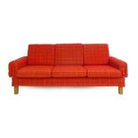 A 1970's red fabric three seater sofa on beech square straight legs  CONDITION REPORT: No rips to