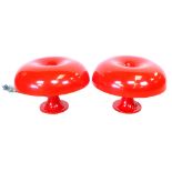 A pair of modern moulded plastic red table lamps of mushroom form, h. 35 cm each CONDITION REPORT: