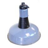 Large industrial pendant type ceiling light with a grey enamelled shade CONDITION REPORT: Some