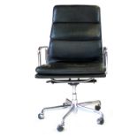 Charles and Ray Eames for ICF, a 'Softpad' highback black leather swivel office armchair on a