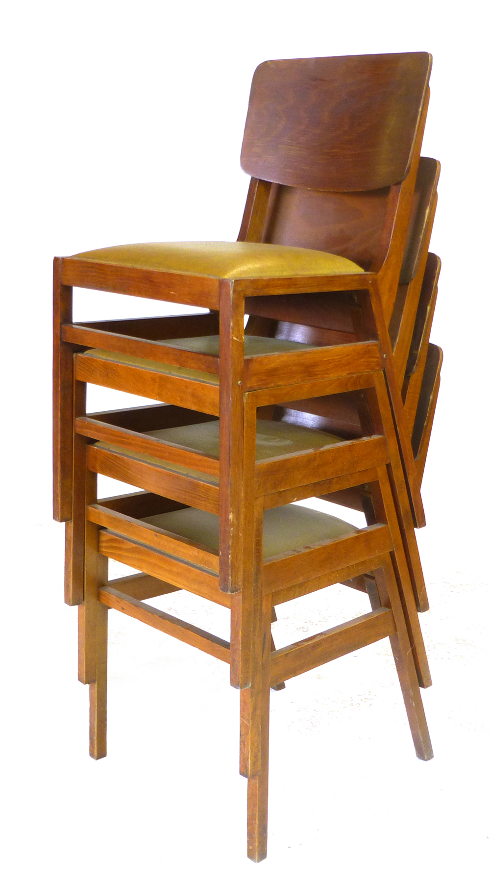 A laminate two tier bistro-type table with a set of four matching stacking chairs  CONDITION REPORT: - Image 2 of 3