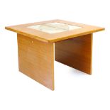 A Danish teak and tile inset square coffee table on two plank supports by Gangso, l. 70 cm CONDITION