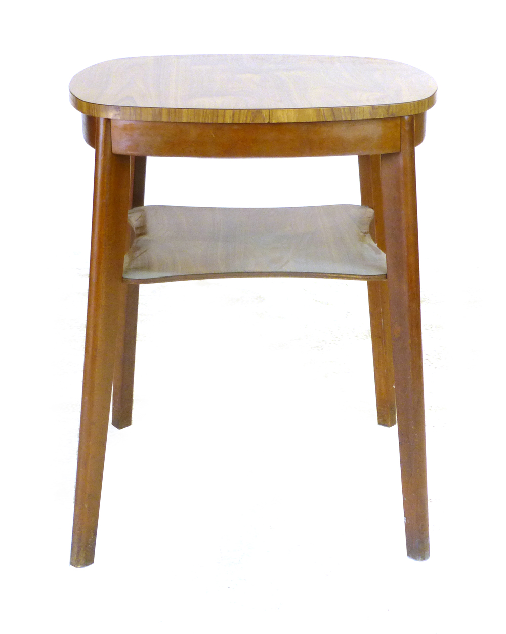 A laminate two tier bistro-type table with a set of four matching stacking chairs  CONDITION REPORT: - Image 3 of 3