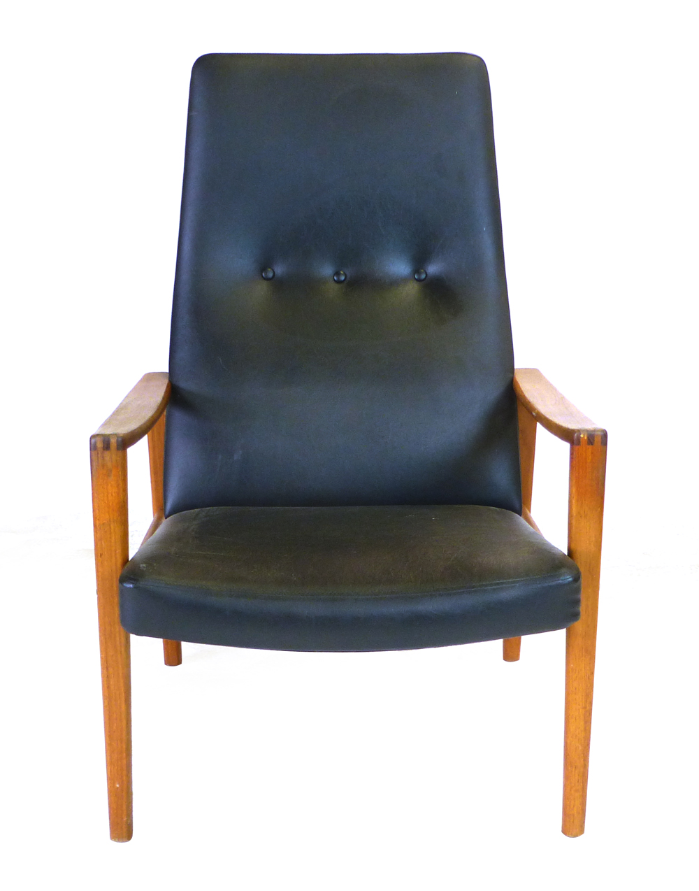 A 1970's teak framed and black vinyl armchair on square tapering legs  CONDITION REPORT: No rips