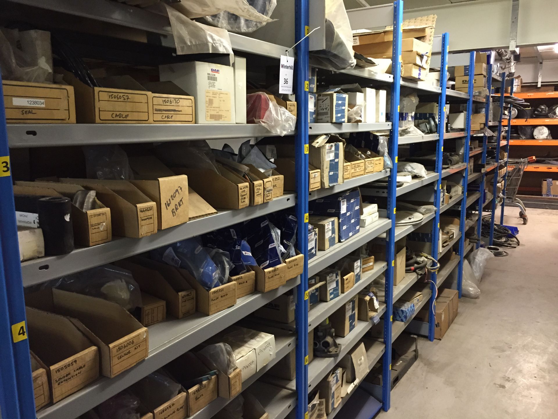 7 - Bays of Parts Shelving & Contents to Include: Cable, Brackets, Bolt Joints & Filters