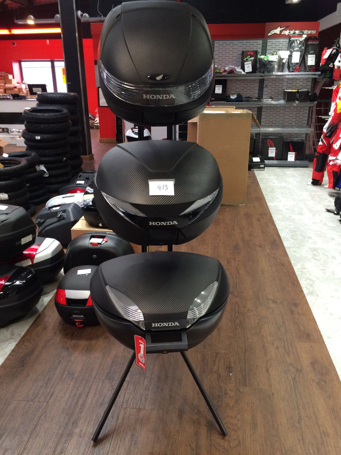 3 x Honda Top Boxes without Keys on Display stand