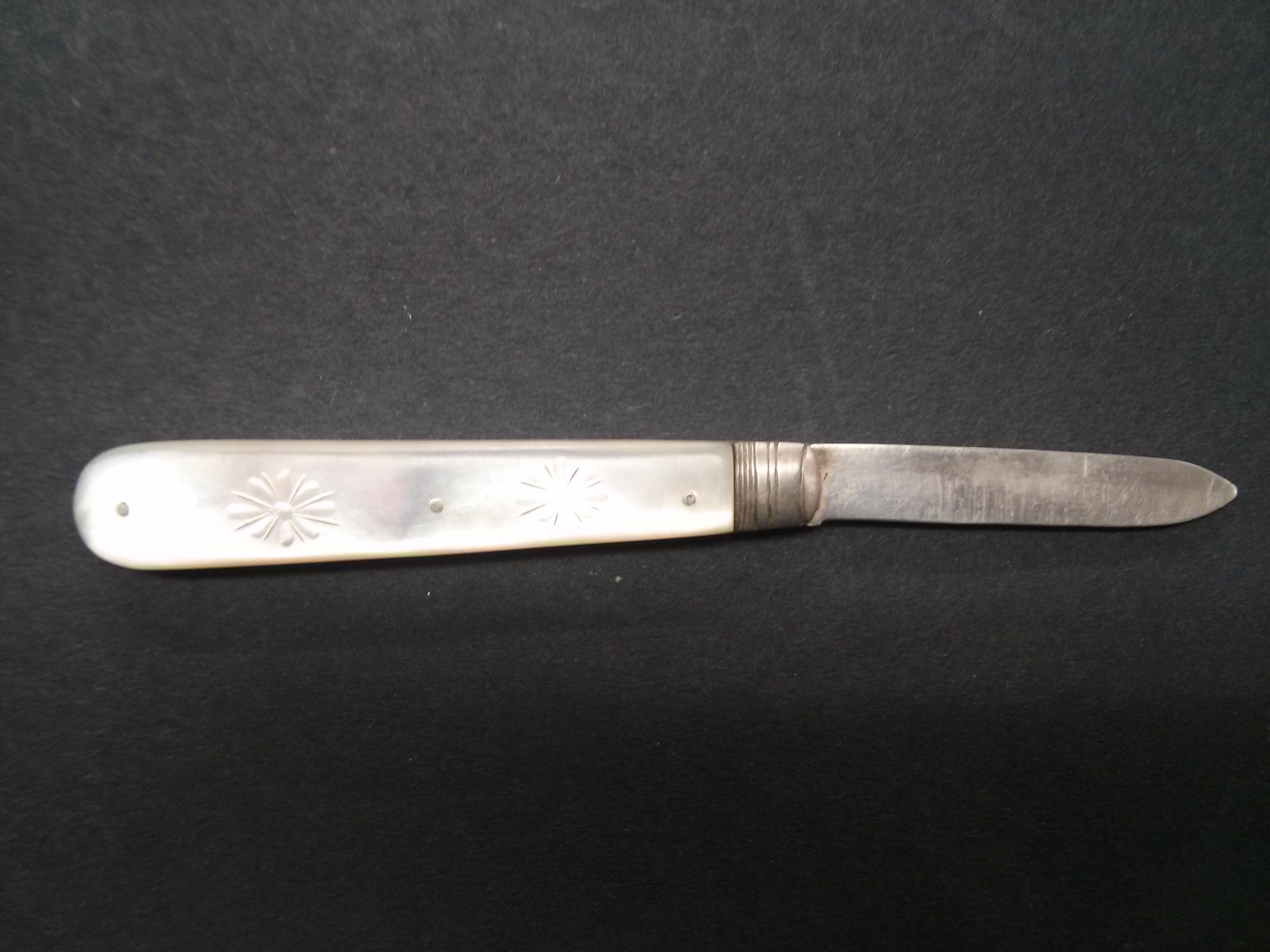 A rare Mother of Pearl Silver Fruit knife 1879 stamped Henry Williamson Ltd, Silversmith.