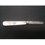 A rare Mother of Pearl Silver Fruit knife 1879 stamped Henry Williamson Ltd, Silversmith.