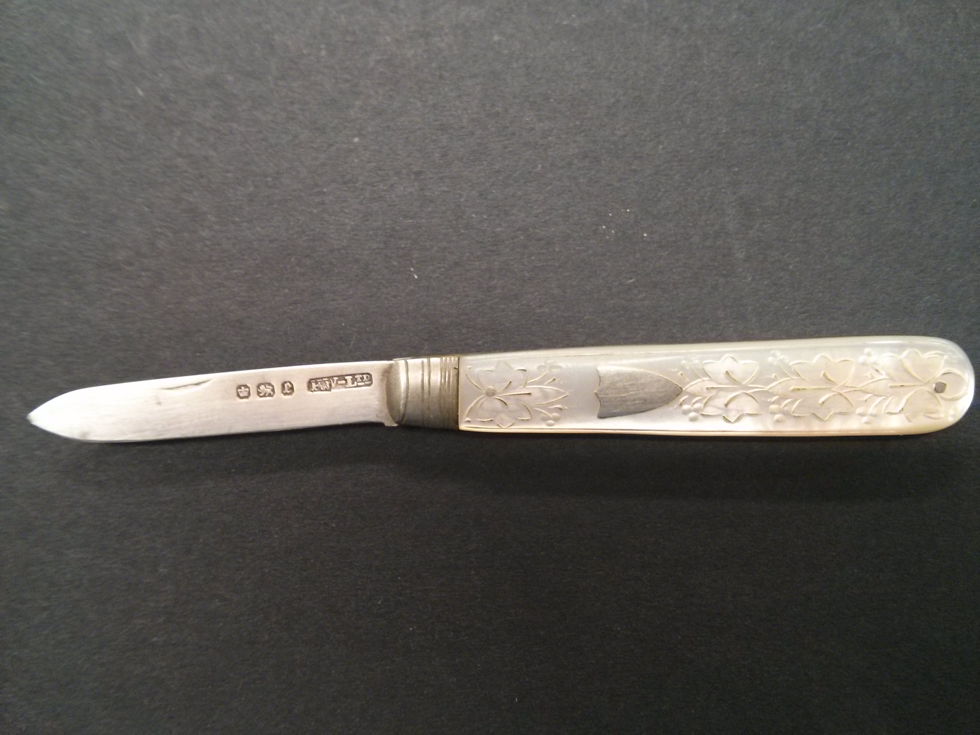 A rare Mother of Pearl Silver Fruit knife 1879 stamped Henry Williamson Ltd, Silversmith. - Image 2 of 2