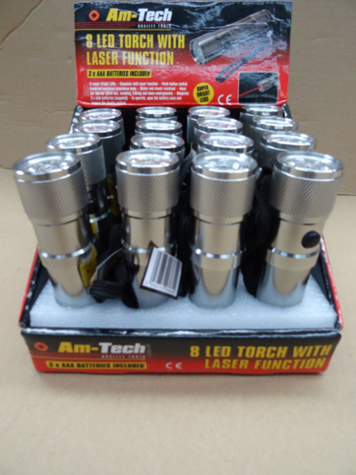 96 x Am-Tech Quality Tools. 8 LED Torch With Laser Function. 8 Super Bright LEDs. Complete with