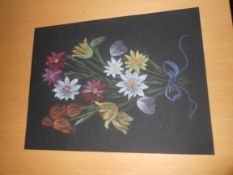 Pastel drawing on black paper of bunch of flowers. Signed R Kray, it also has a stamp dated 1999