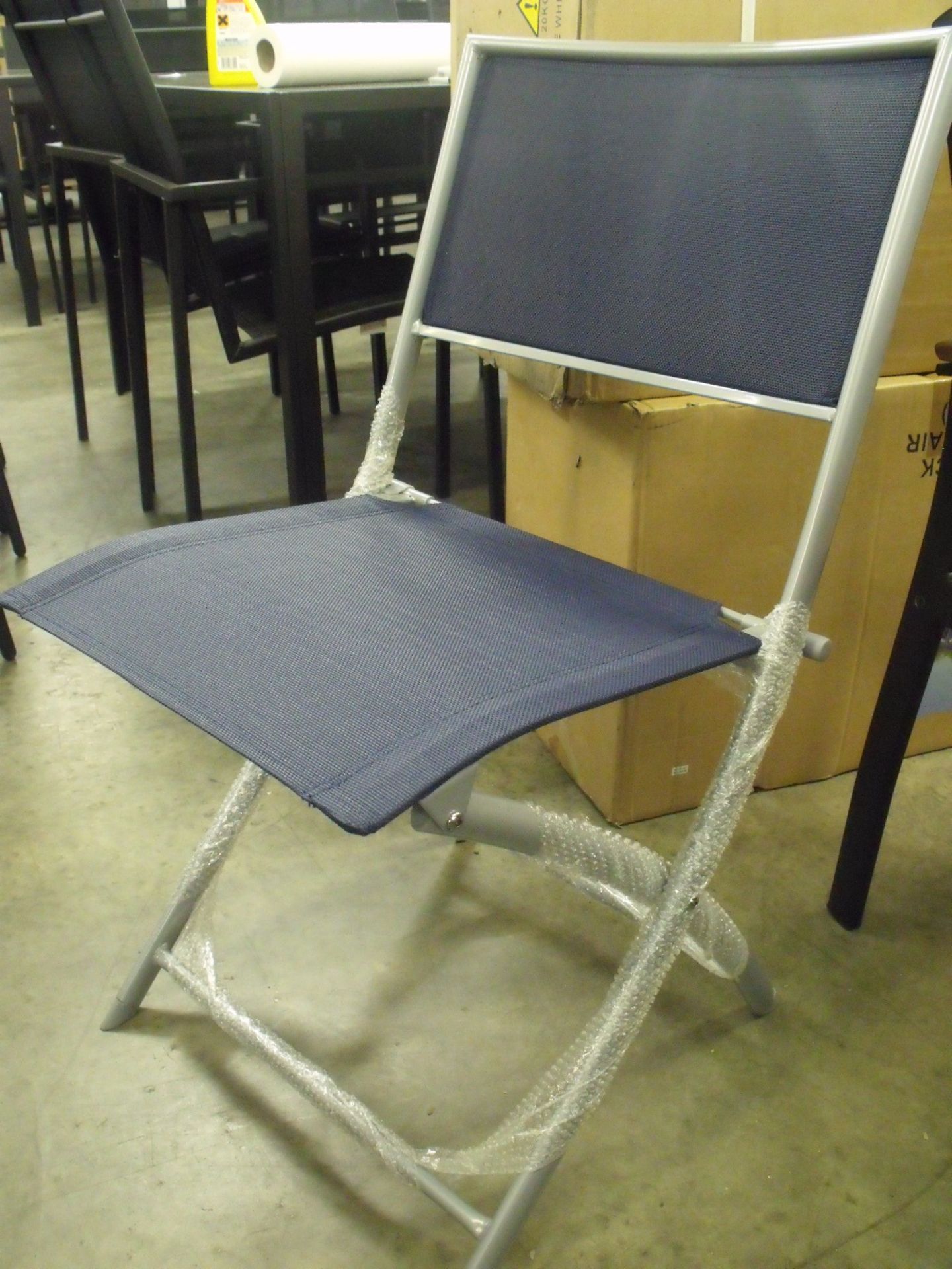 6 x New and Boxed Folding Garden Chairs. Silver frame with blue textilene covering