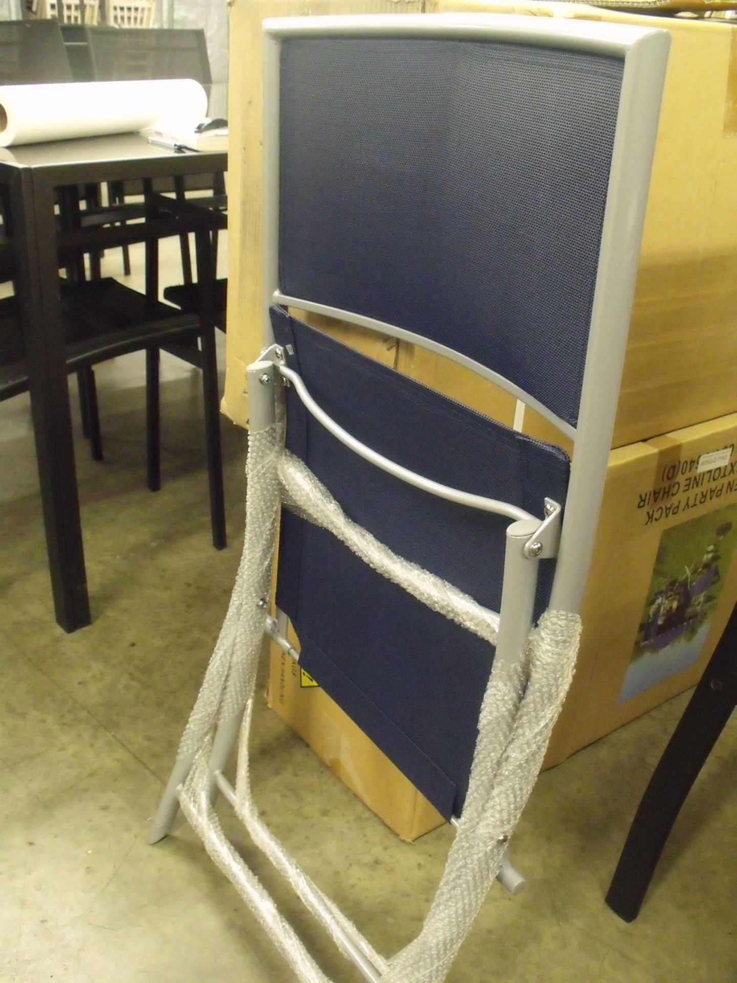 6 x New and Boxed Folding Garden Chairs. Silver frame with blue textilene covering - Image 2 of 2