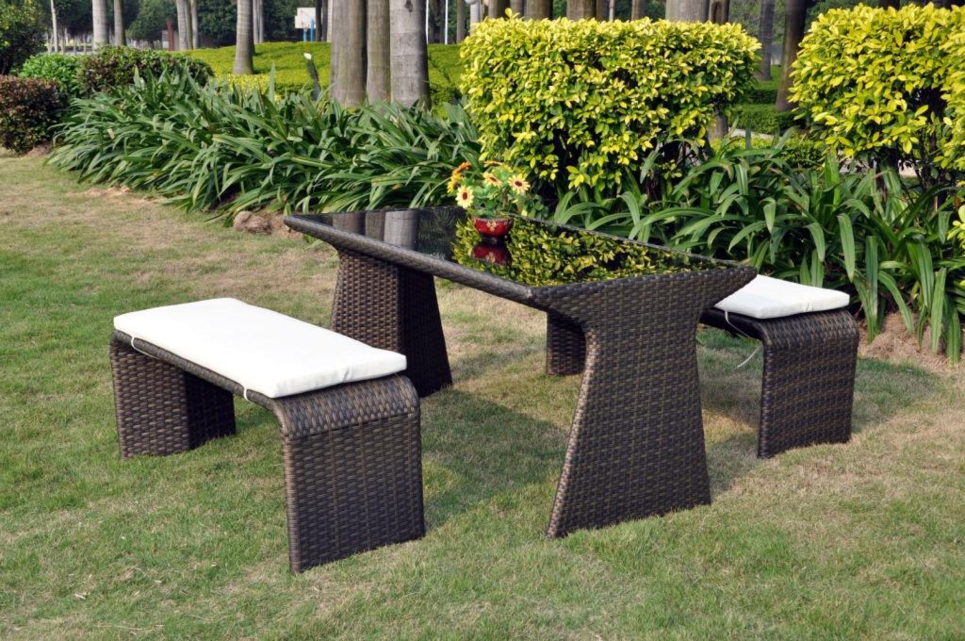 Brown All Weather Rattan Garden Dining Bench Set with Cushions High Quality New New and Exclusive