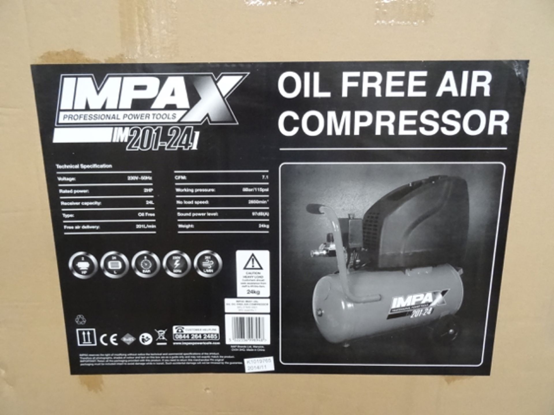 1 x Impax IM201-24 Oil Free Air Compressor. 8 Bar/115Psi Working Pressue. 2HP, 24L, Oil free,
