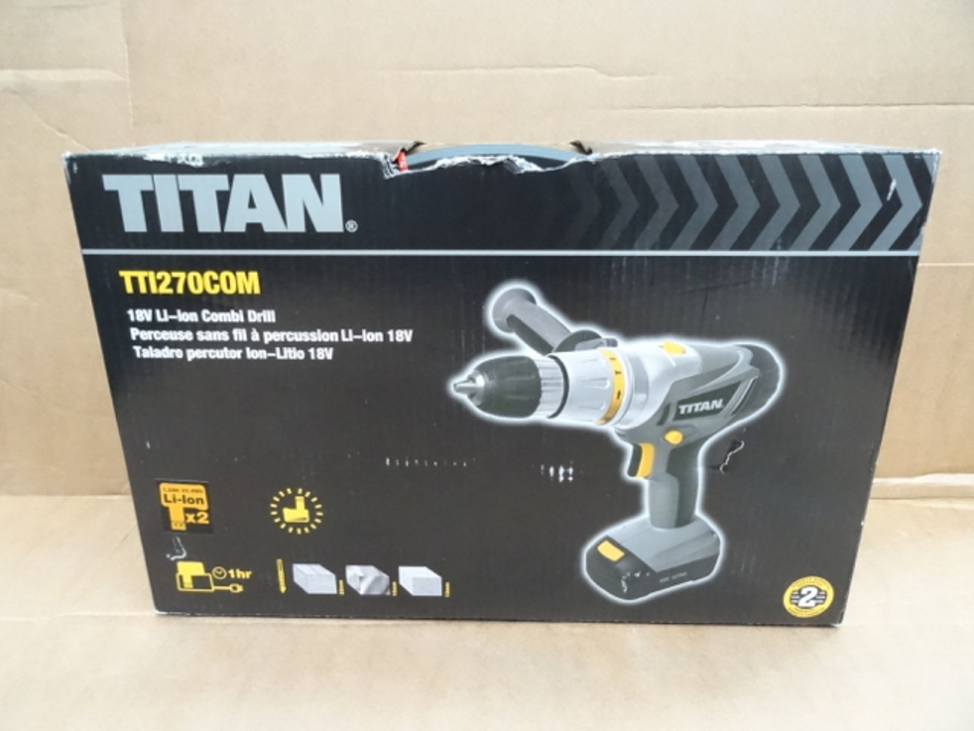 1 x Titan 18V Lithium-Ion Combi Drill. LED work light, 2 x Batteries, Charge indicator and side