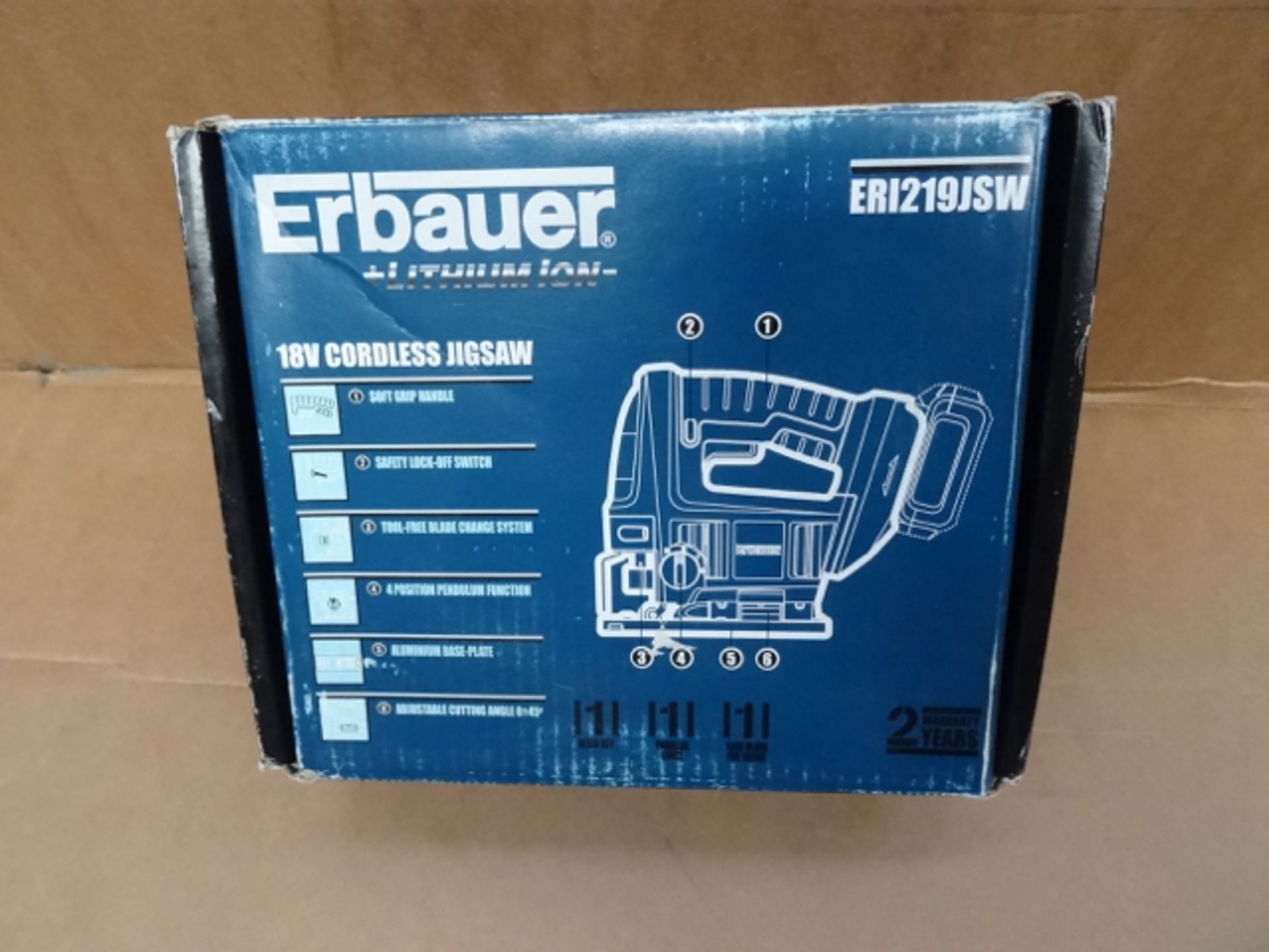 1 x Erbauer 18V Cordless Lithium Ion Cordless Jigsaw Model number: ERI219JSW. Soft grip handle,