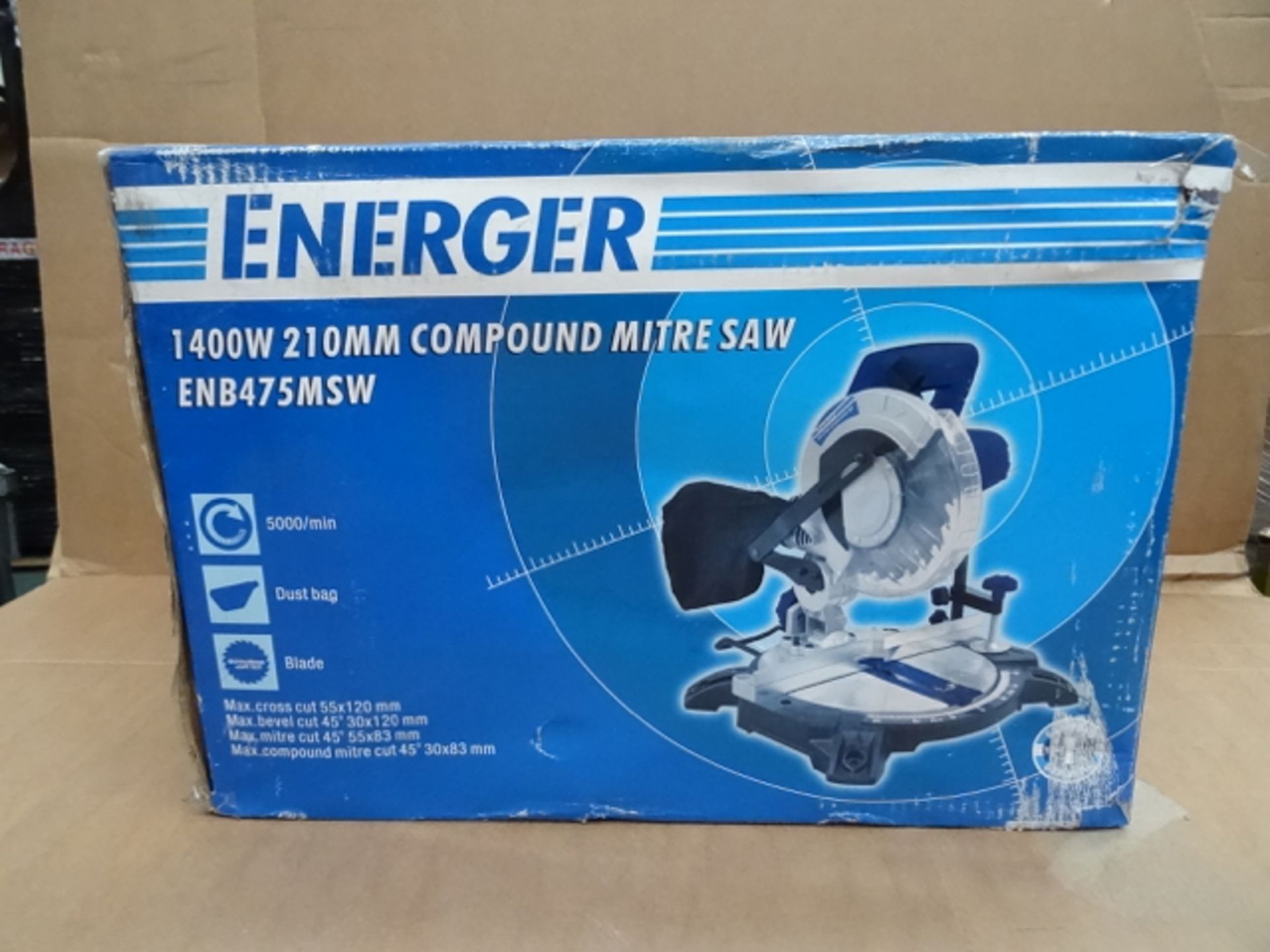 1 x Energer 1400W 210MM Compound Mitre Saw. Hardwearing wood saw with an aluminium and plastic base.