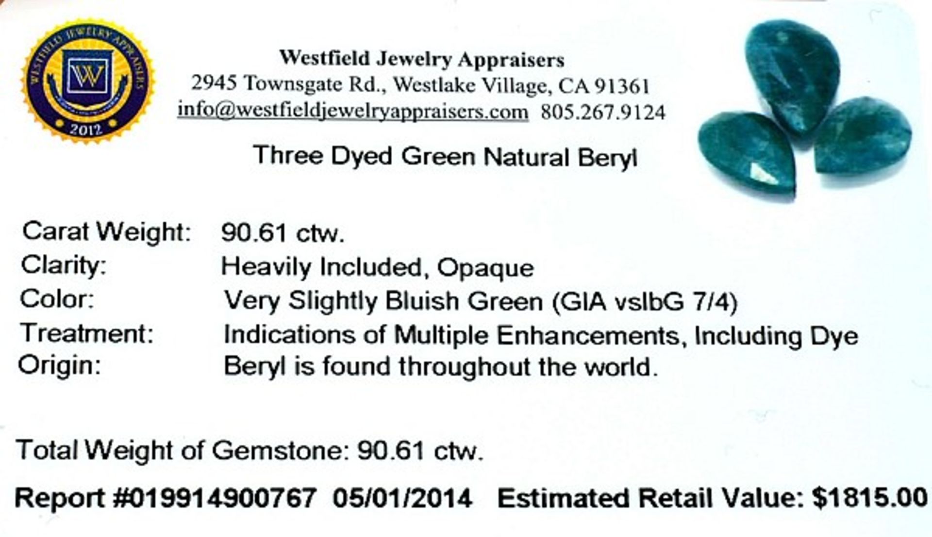 A collection of 3 x Pear Cut Green Beryl Gemstones = 90.61 carats. average measurements 3.00cm x 2. - Image 2 of 2