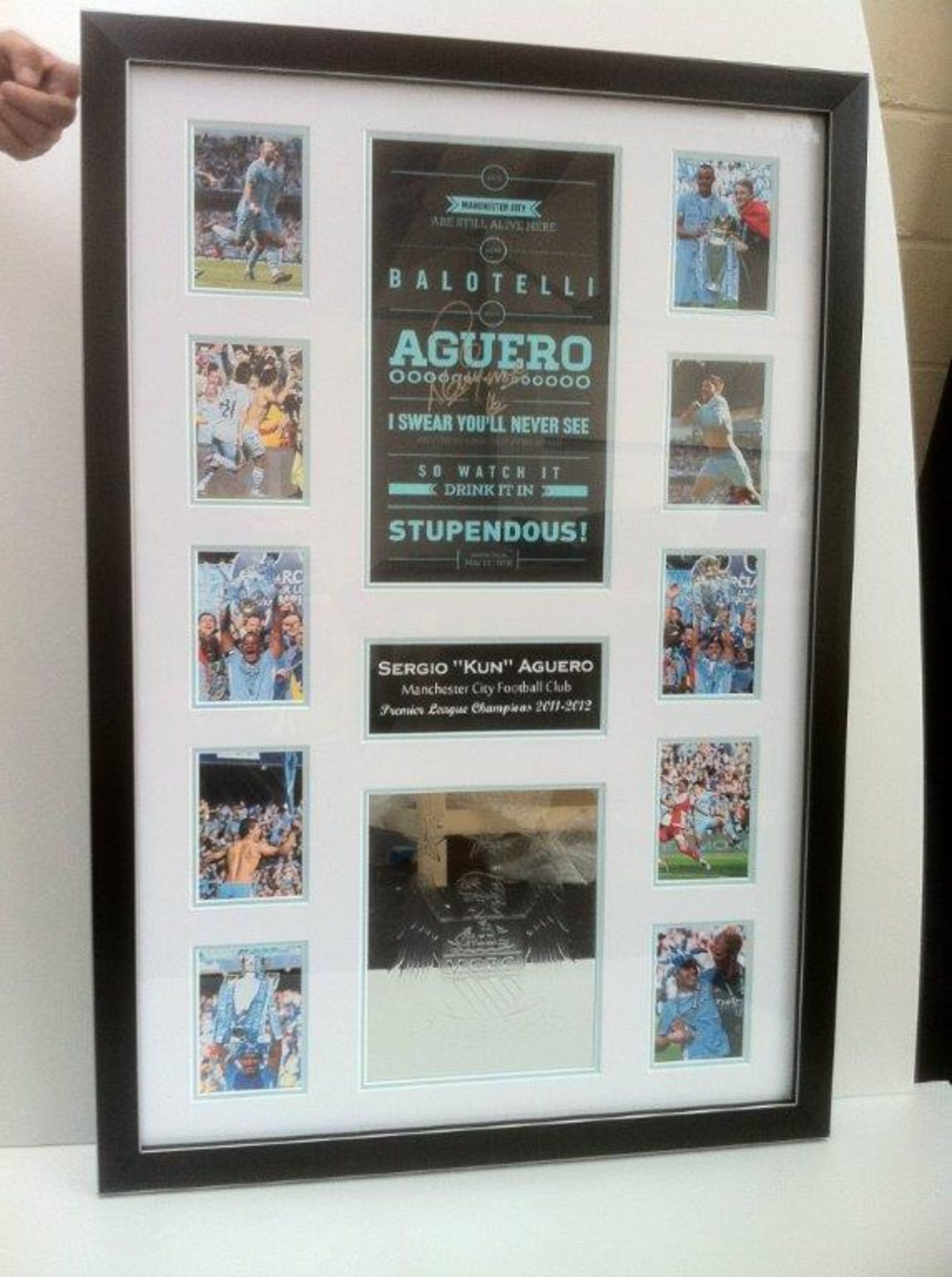 MANCHESTER CITY celebration piece with mirror badge and photo montage.  Approx size 26x38 inches