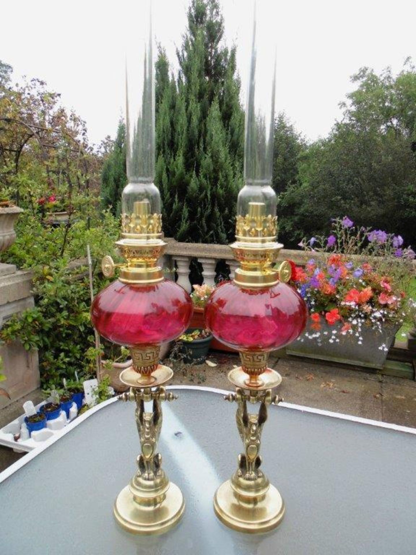 Victorian Cranberry Oil Lamps c1880