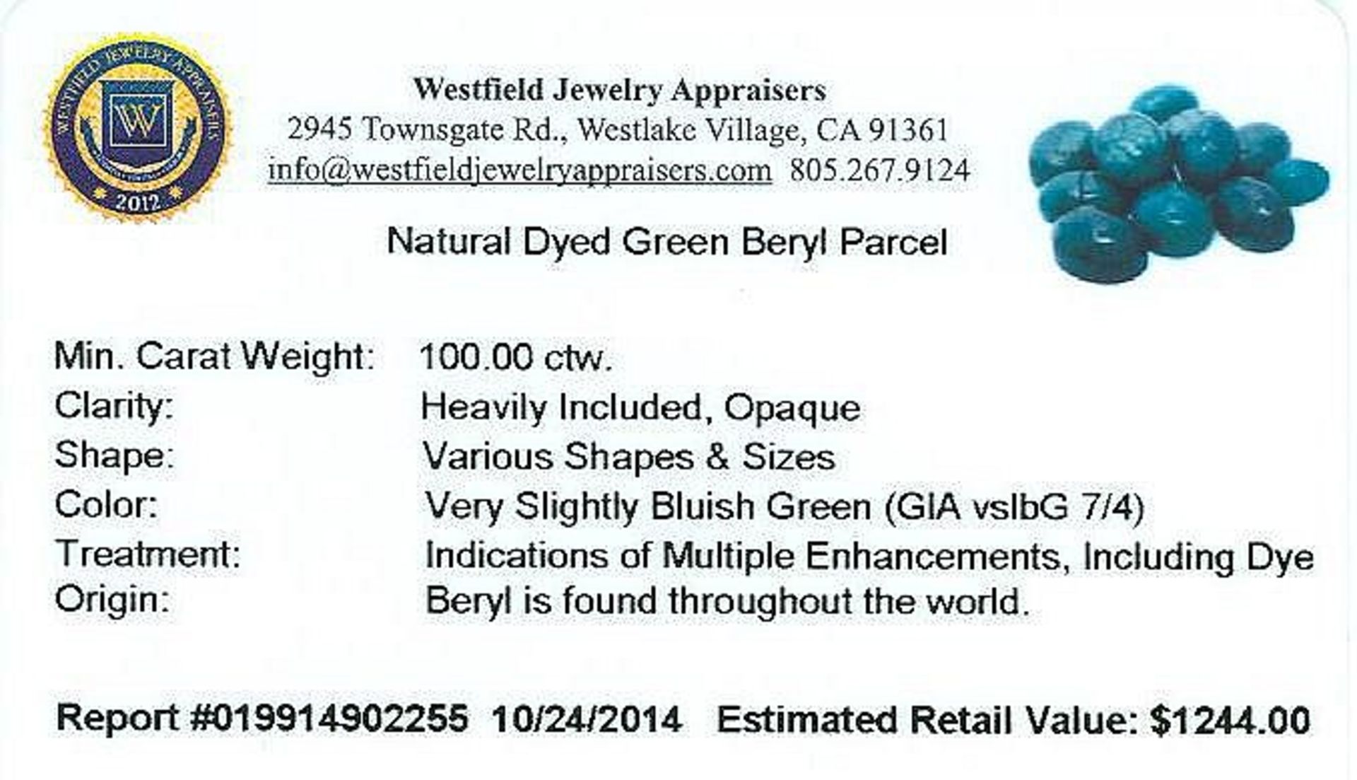 100.00 carat Various Shapes And Sizes Green Beryl collection. Appraised by experienced jewelry - Image 2 of 2