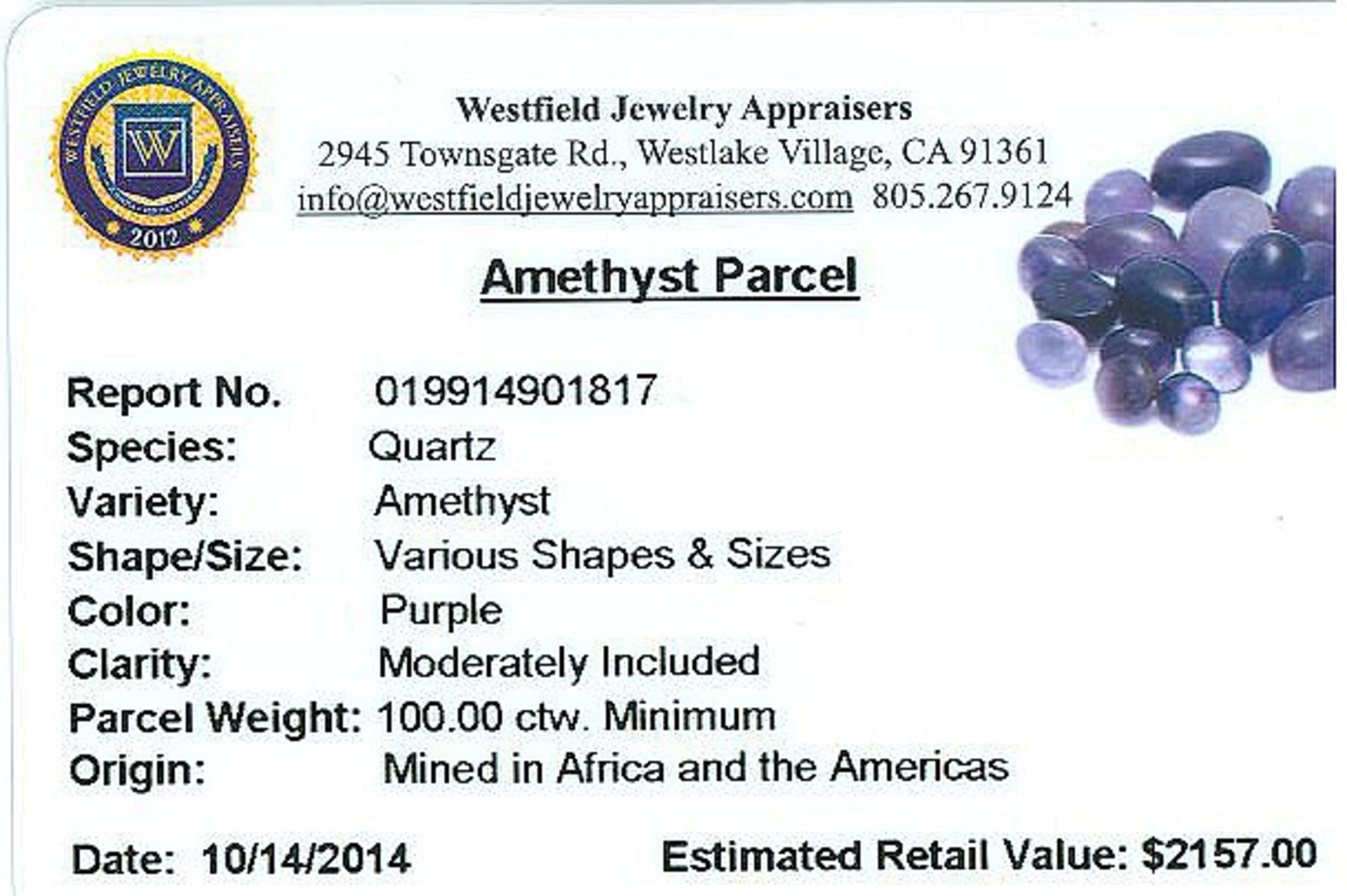 A beautiful collection of 14 x Various Shapes & Sizes Amethyst gemstones = 100 carat,  Appraised - Image 2 of 2