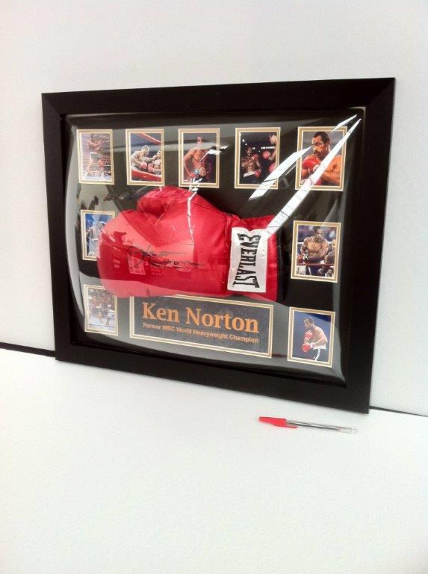 KEN NORTON Signed glove in dome black outer & gold inner frame approx 65x55 inches.